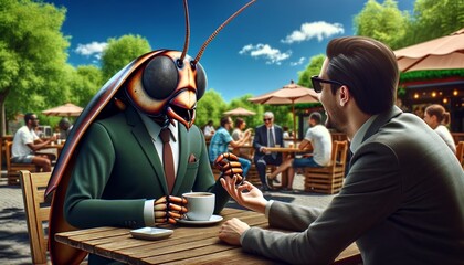 A cockroach in a suit is having coffee with a man in a suit.