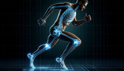 Obraz premium A close-up image of an orthopedic diagnostic interface showing a translucent running man with bones and joints highlighted. The interface is made in futuristic blue and green tones, and annotations ab