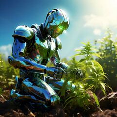 A robot man planting a hemp plant