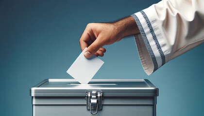 Close-up image of a hand placing a ballot paper into a modern ballot box. The bright blue background is intended to provide ample copy space. This image depicts a scenario of active participation in t - obrazy, fototapety, plakaty