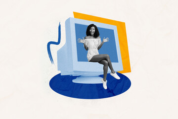 Composite artwork collage of blue color old computer monitor retro technology young lady model dark...