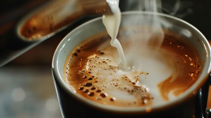 Closeup of milk being poured into a steaming cup of coffee, luxurious and inviting, suitable for coffee shop or dairy creamer promotions