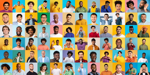 An assortment of joyous individuals men from various backgrounds, all posing with bright and...