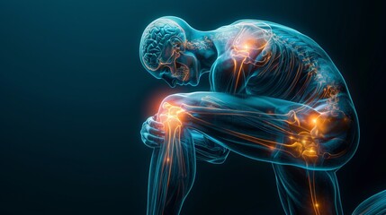 Obraz premium Close up hands man with his knee joint pain. Massaging the Muscles to Ease the Injury.