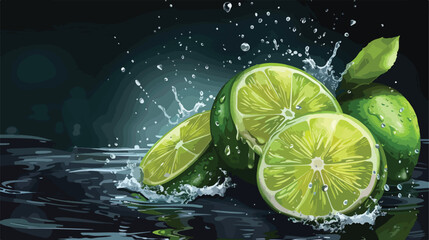 Fresh limes with water splashes on dark background Vector