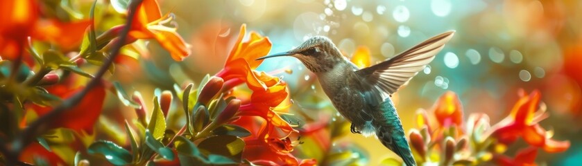 Obraz premium Closeup of a hummingbird sipping nectar from a bright flower, suitable for nature conservancy or ecofriendly product ads