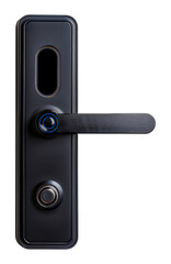 Sleek black door handle on modern door, cut out - stock png.