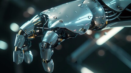 Fototapeta premium Illustrate a futuristic, state-of-the-art robotic arm in extreme close-up, highlighting its metallic sheen and advanced features