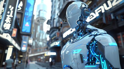 Fototapeta premium Design a futuristic humanoid robot standing tall in a bustling futuristic city square with a tilted angle view