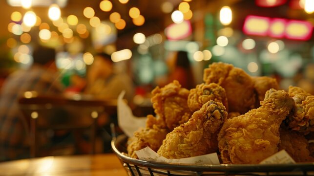 Closeup of a basket of golden fried chicken with a blurred background of a busy restaurant, ideal for fast food promotions