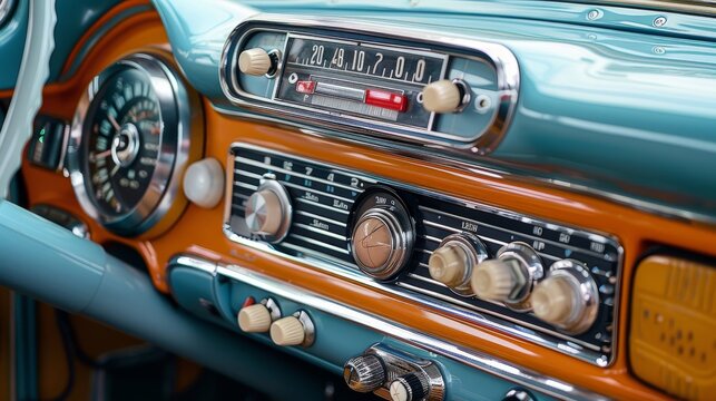 Classic car dashboard with a vintage radio, perfect for a nostalgic automotive parts or restoration service advertisement