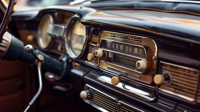 Classic car dashboard with a vintage radio, perfect for a nostalgic automotive parts or restoration service advertisement