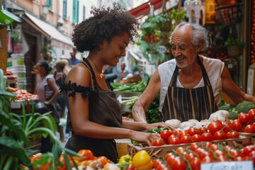 A woman and an older man are shopping for vegetables at a market