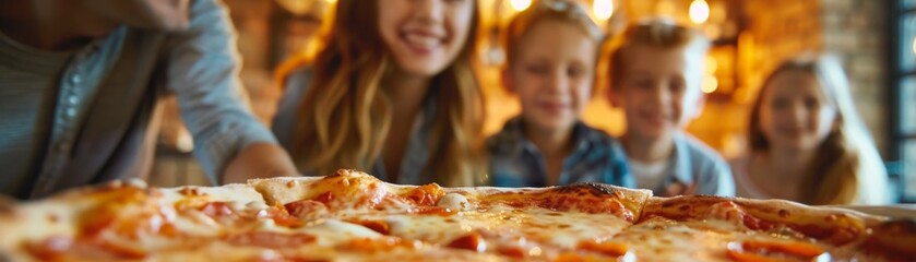 Cheerful family enjoying a large, cheesy pizza at a rustic dining table, perfect for family restaurant advertisements