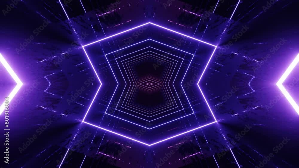 Poster 4k seamless looped animation. fly through mirror symmetrical tunnel with neon pattern, sci fi glow p