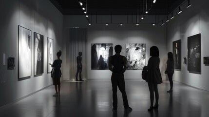 Blackthemed art exhibition, with visitors observing somber works, perfect for cultural center or gallery event advertisements