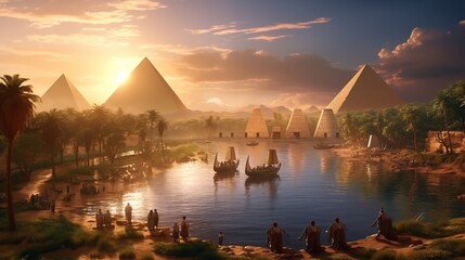 Ancient egypt civilization, people and workers building pyramids. Historic event, monument by nile...