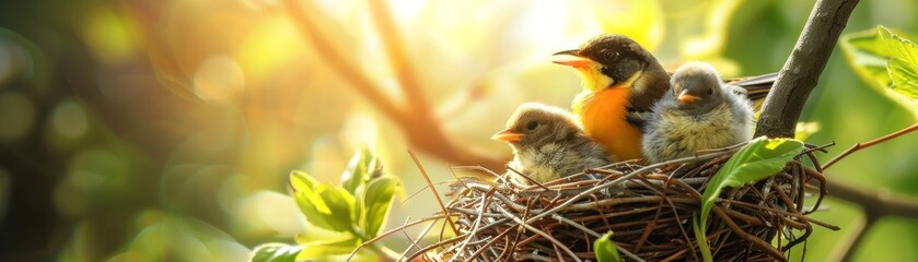 Baby birds in a nest with mother bird feeding them, symbol of care and nurturing, perfect for family services or insurance ads