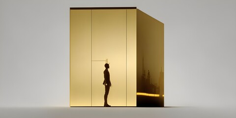 3d rendering of a woman in front of a golden wall.