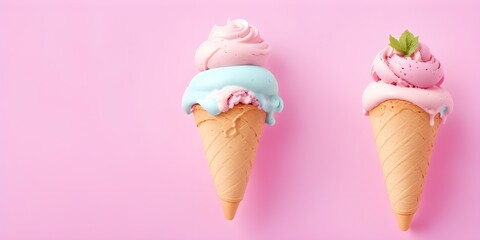Frozen yogurt in waffle cones on pink background, top view