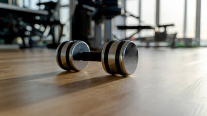 barbell or dumbbells in the gym in the sunlight