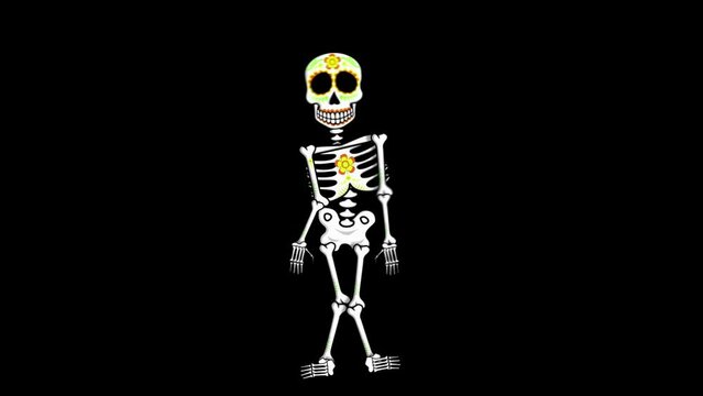 Seamless psychedelic background with Mexican dancing skeleton isolated with alpha channel. Halloween vector style animation with catrina illustration 