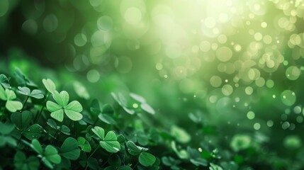 A serene field of dew-kissed clovers under soft, sparkling lights, creating a magical ambiance with copy space for text.