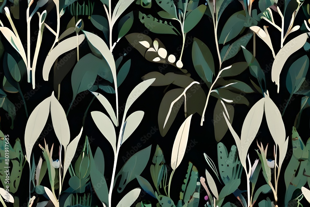 Poster seamless pattern green plant stems and leaves charming hand drawn simple clean minimalist design sty