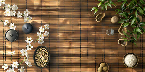 A branch with textile cherry blossoms on a brown background Mat for sushi and chopsticks. 
