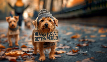 Dog in a gray knit hat, holding a placard that reads "WAGS FOR A BETTER WORLD," with autumn leaves and another dog in the background. With copy space