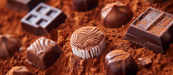 A closeup of chocolate pralines on the ground covered with cacao powder