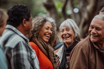 Group of senior friends having fun in the park. Selective focus.