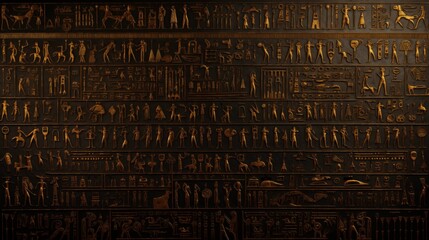 Ancient Egyptian hieroglyphs and symbols on a black wall.
