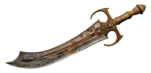 Ornate medieval sword with gold hilt, cut out - stock png.