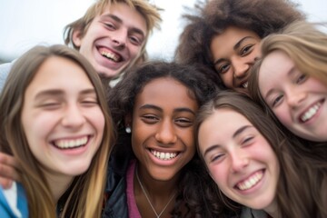 Group of friends smiling and looking at camera. Multiethnic group of young people.