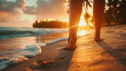 Jogger's feet on a sandy beach at sunset.