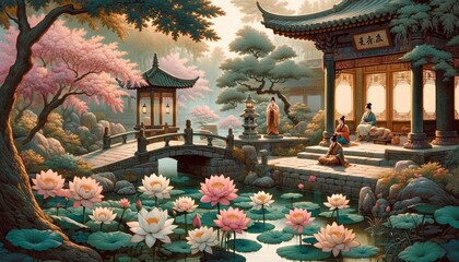 Traditional Chinese Garden with Lotus Pond
