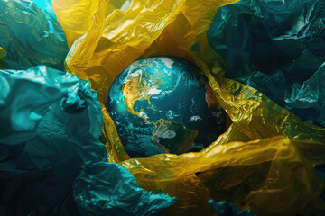 A globe placed on top of a pile of plastic garbage.

