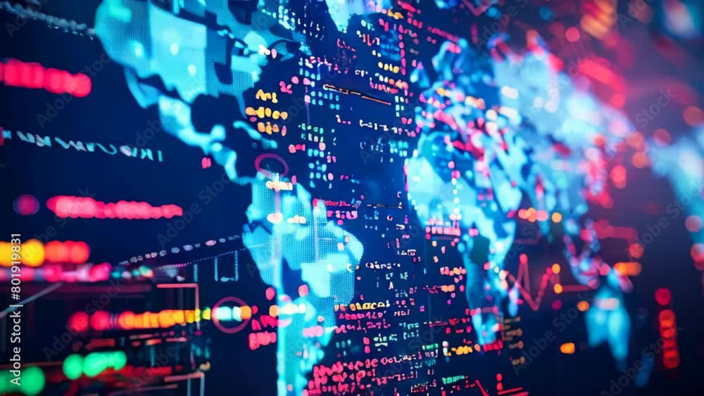 Poster program code lines and world map on a futuristic screen