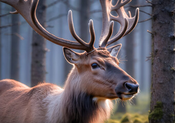 deer with a wary look in the forest. reindeer standing in a serene winter forest