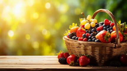 Wicker basket with berries and fruits; illuminated by rays of sun. It stands on wooden table; against blurred background of summer garden. Strawberries; raspberries; blackberries; grapes. Copy space.