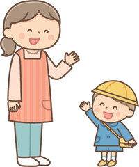 Obraz premium 先生にさよならをする幼稚園児