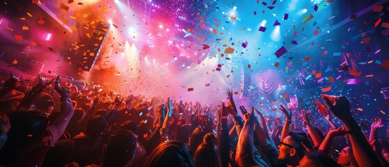 Night club audience captured in a panoramic, hyperrealistic style, cheering under a cascade of colorful confetti and smoke, highlighted by dramatic stage lights,