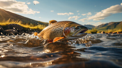 Close up of big rainbow trout fish jumping from the water with bursts in high mountain clean lake or river, at sunset or dawn, picturesque mountain summer landscape. Copy space.