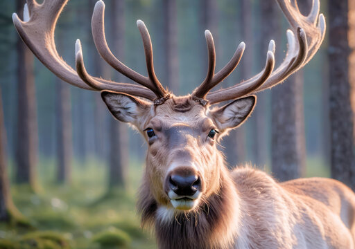 deer with a wary look in the forest. reindeer standing in a serene winter forest