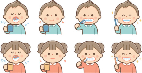 歯磨きをする子供のイラストセット
