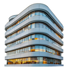 Curved modern office building exterior at dusk, cut out - stock png.