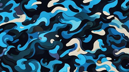 Fototapeta premium Camouflage blue background fabric texture, modern army dark pattern, street fashion print