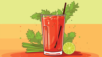Glass of bloody mary with celery and tomatoes on pink