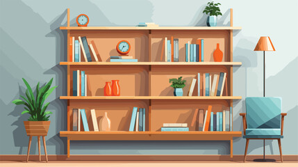 Shelving unit with books and decor in interior of roof